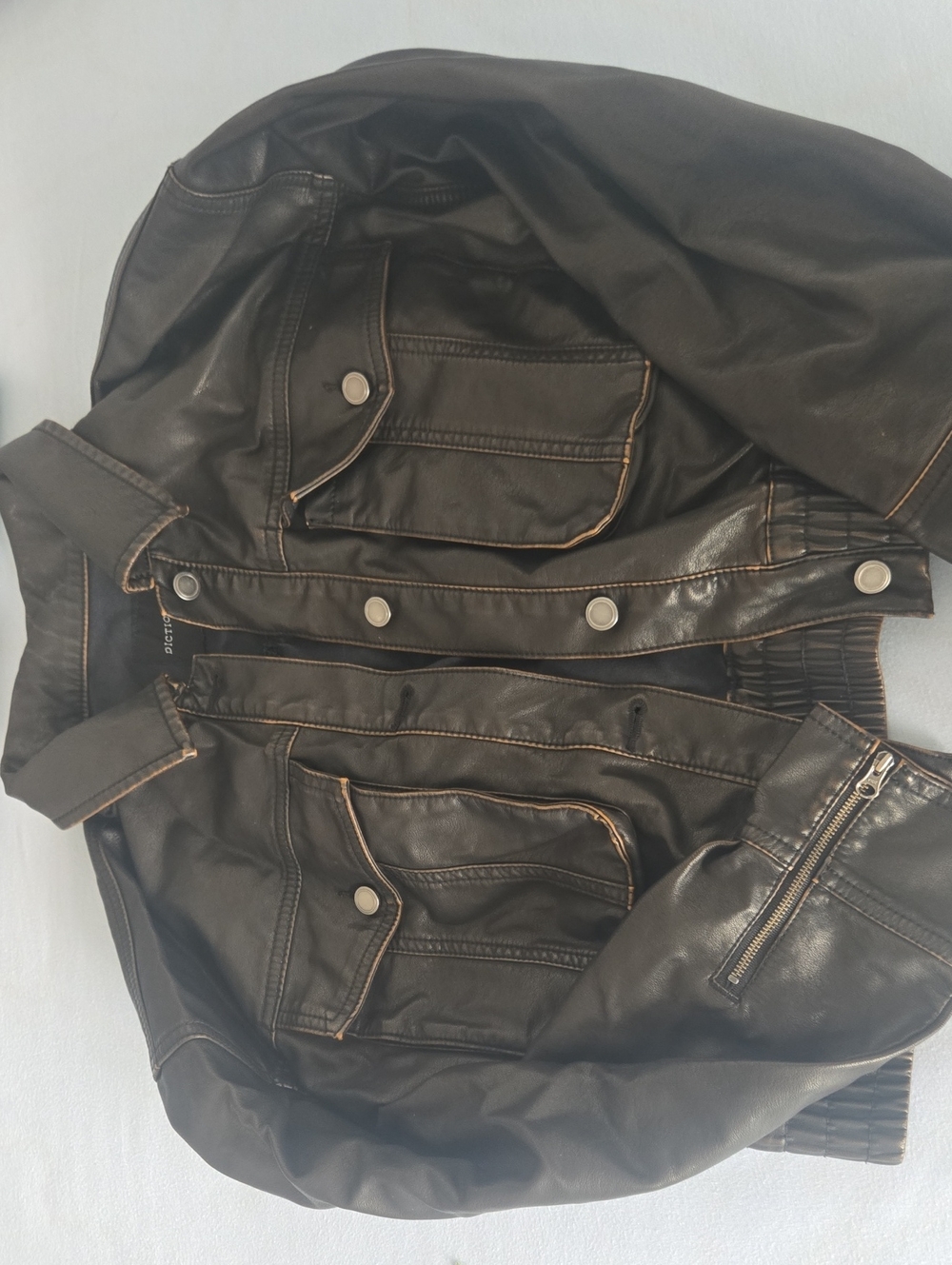 Black Faux Leather Bomber Jacket with Contrast Stitching